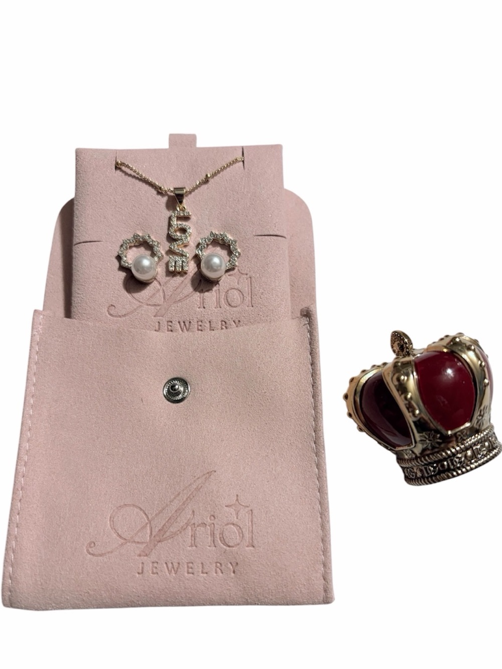 Ariol Gold-Tone Pearl Flower Earrings & 'Love' Pendant Necklace - Pink & Gold